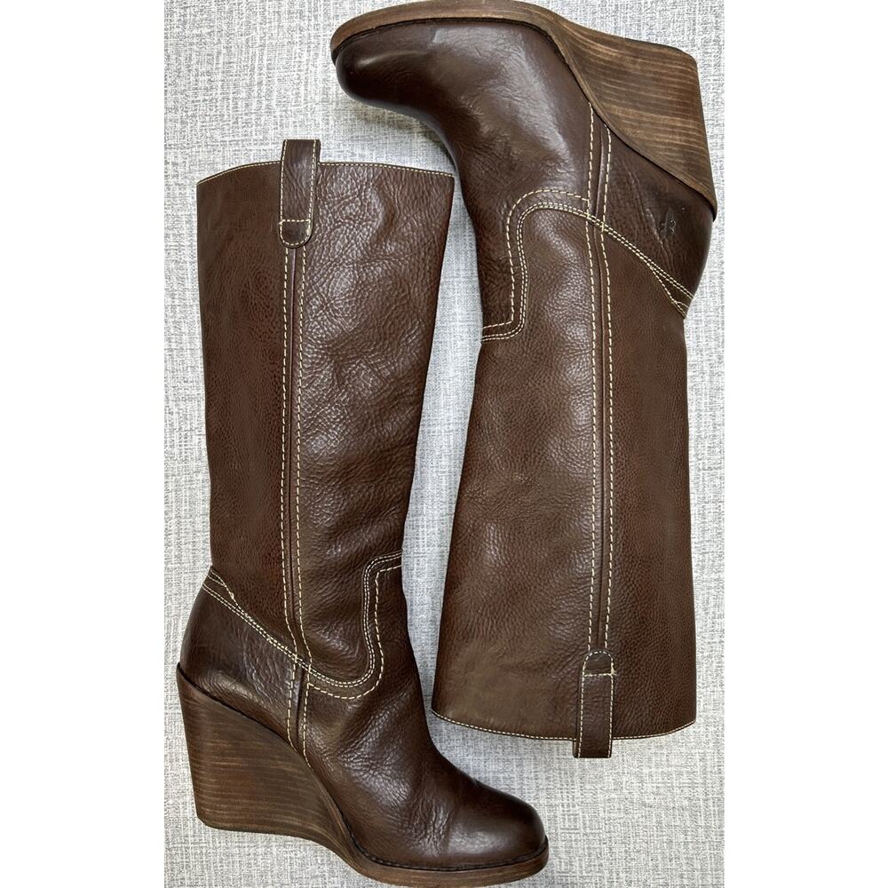 Frye Caroline Campus Mid Shaft Wedge Boots Women's Size 9.5 Brown Leather Heels - Picture 4 of 15